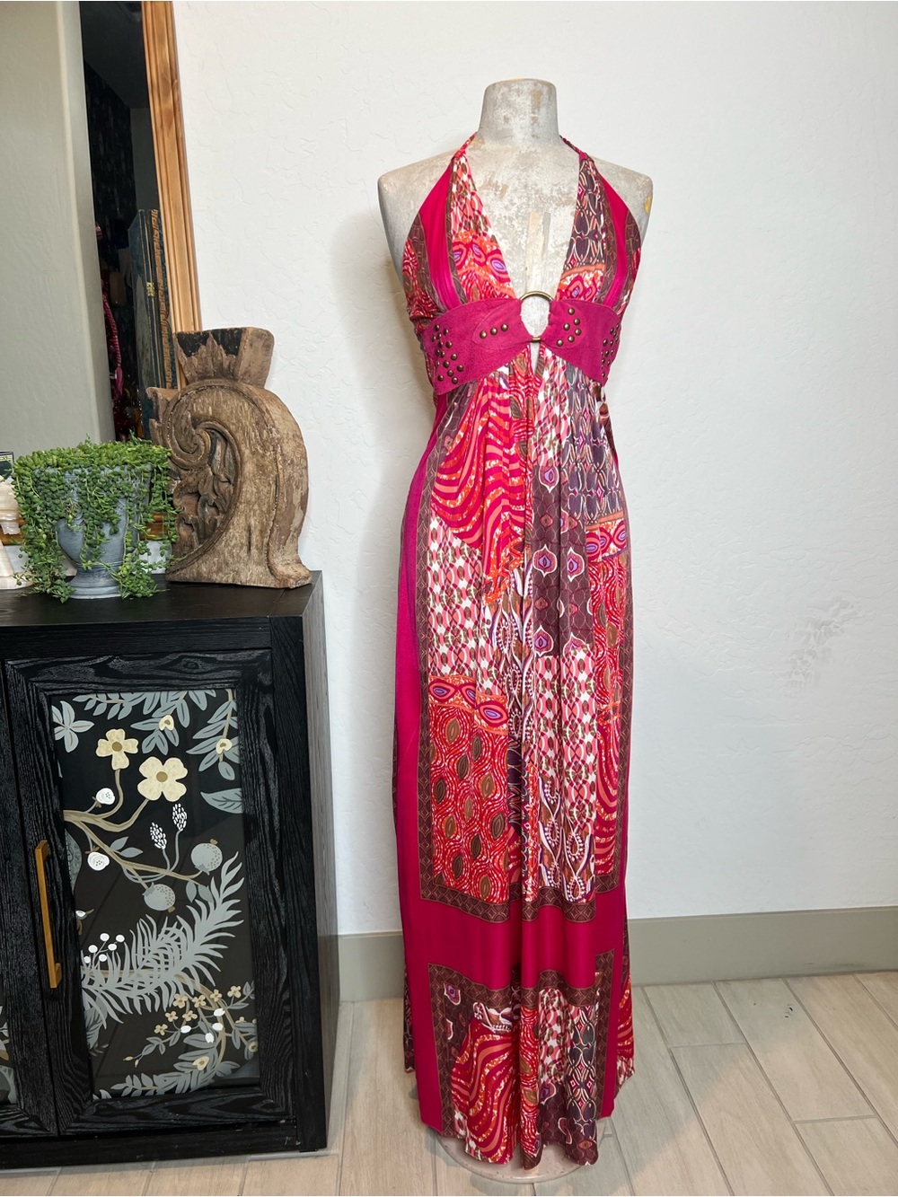 Sky Fuchsia Halter Maxi Dress with Patchwork Print